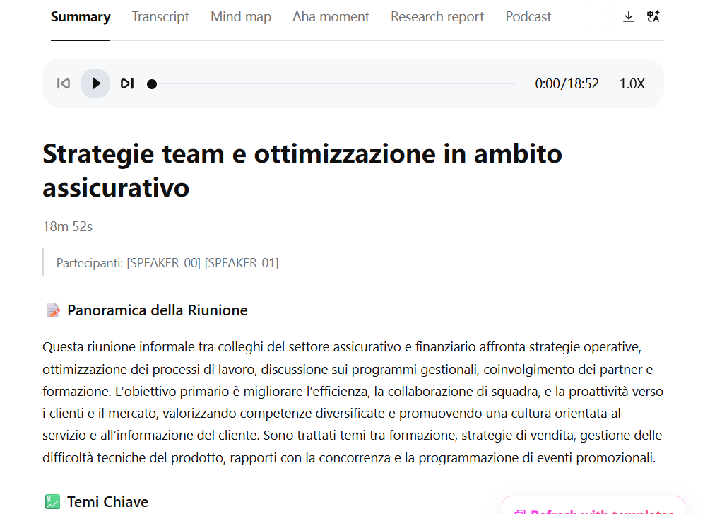TicNote summary page showing an Italian insurance team strategy meeting transcript