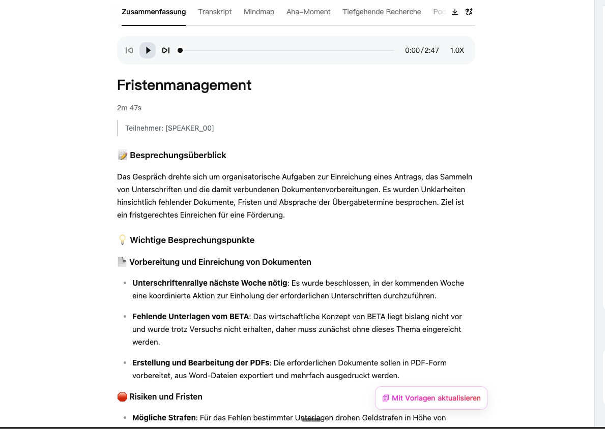 TicNote screenshot showing a meeting summary and mind map in German