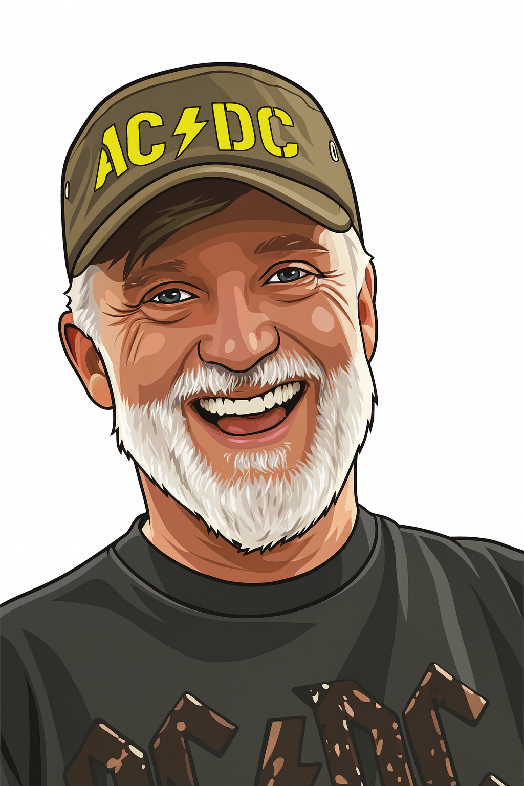 Jens Marticke, primary school teacher, illustrated portrait with AC/DC cap and white beard