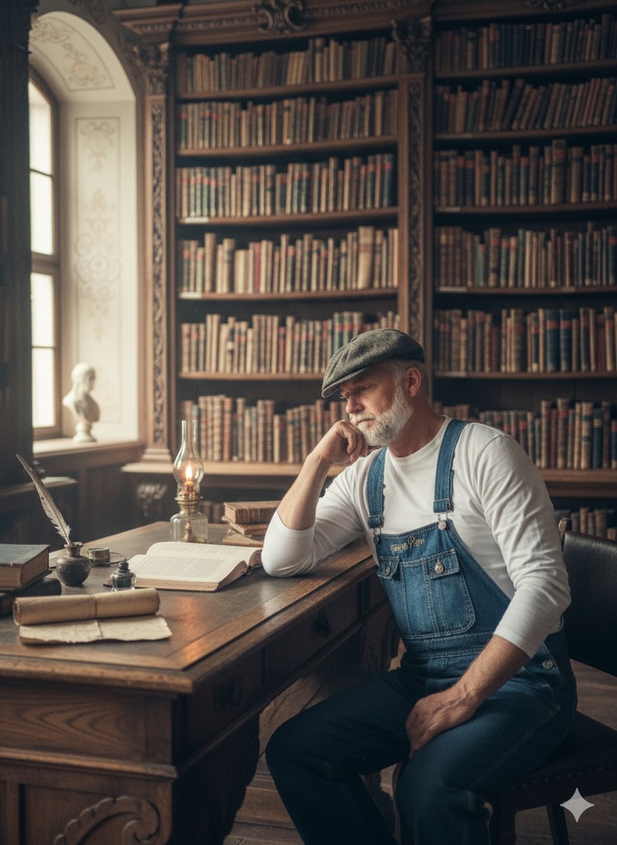 A bearded man seated at a large antique wooden desk in a classic library, contemplating
